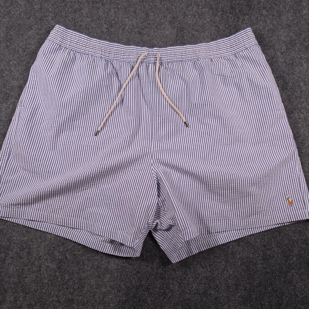 Polo Ralph Seersucker Lauren Swim Trunks Mens 3XB Blue Striped Flesh Pony